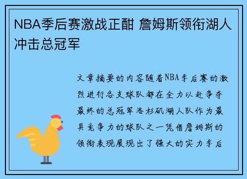 NBA季后赛激战正酣 詹姆斯领衔湖人冲击总冠军